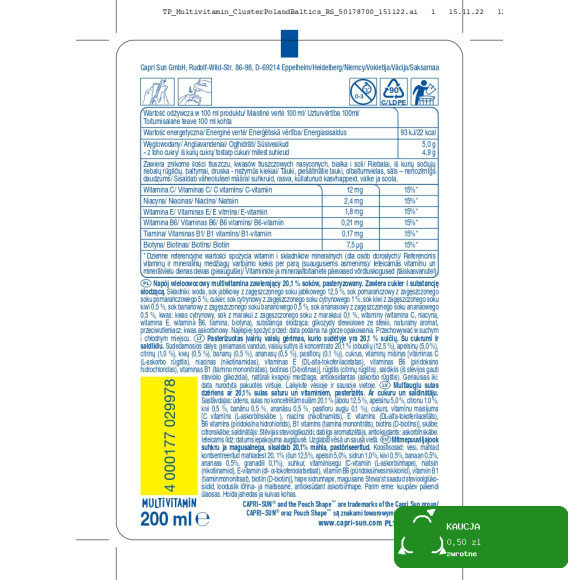 CAPRI-SUN Napój owocowy ze słomką WIELOOWOCOWY MULTIWITAMINA 200ml 40szt 8L