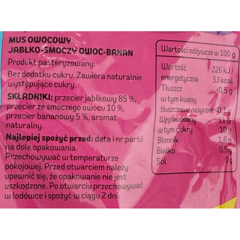 Dawtona POKKET FRUIT BOMB DRAGON FRUIT MUS OWOCOWY Smoczy owoc Banan 180g