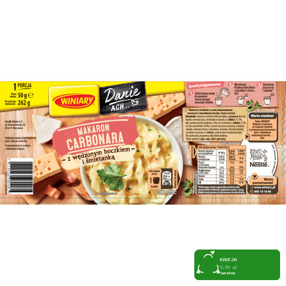 Winiary MAKARON CARBONARA Z WĘDZONYM BOCZKIEM I ŚMIETANKĄ 50g danie w 5 min