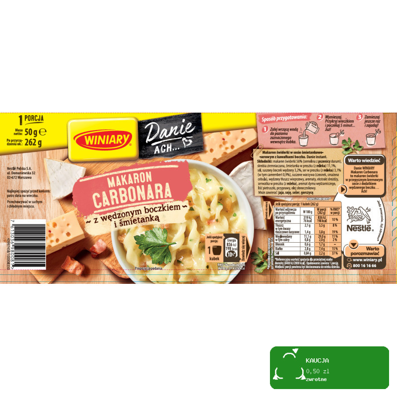 Winiary MAKARON CARBONARA Z WĘDZONYM BOCZKIEM I ŚMIETANKĄ 50g danie w 5 min