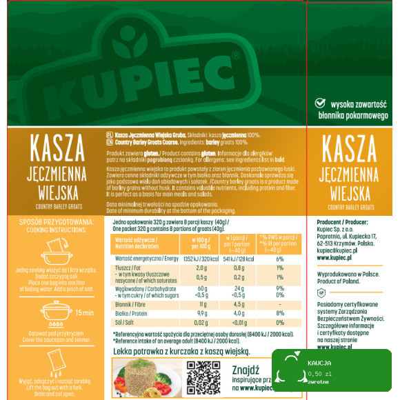 Kupiec KASZA JĘCZMIENNA WIEJSKA 4x80g 320g gotowe w 15 minut