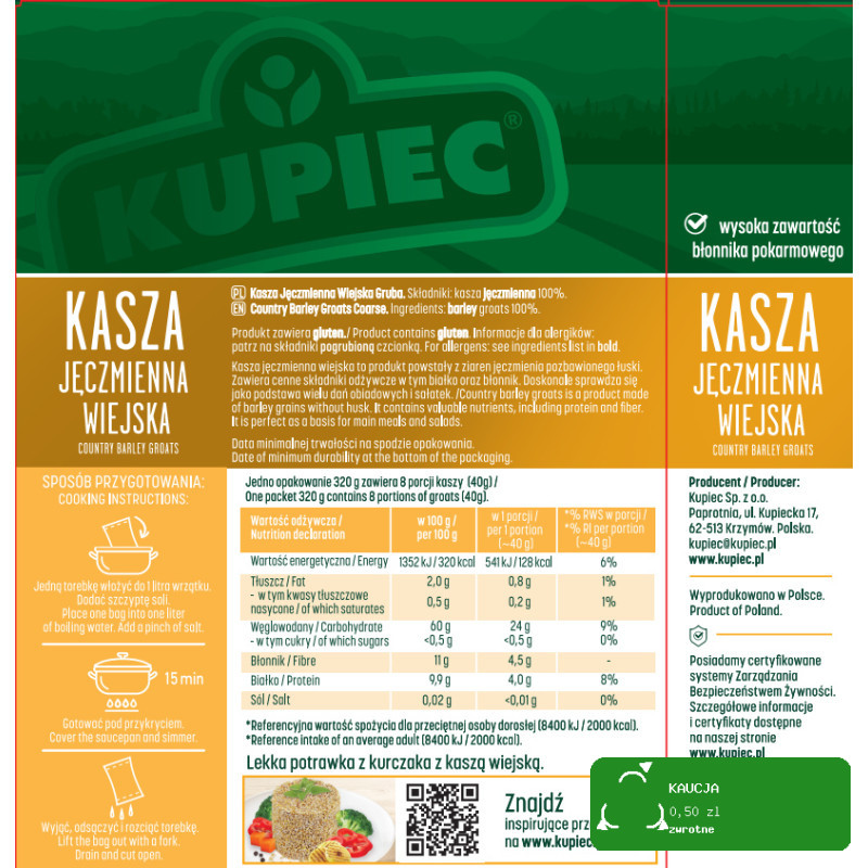 Kupiec KASZA JĘCZMIENNA WIEJSKA 4x80g 320g gotowe w 15 minut