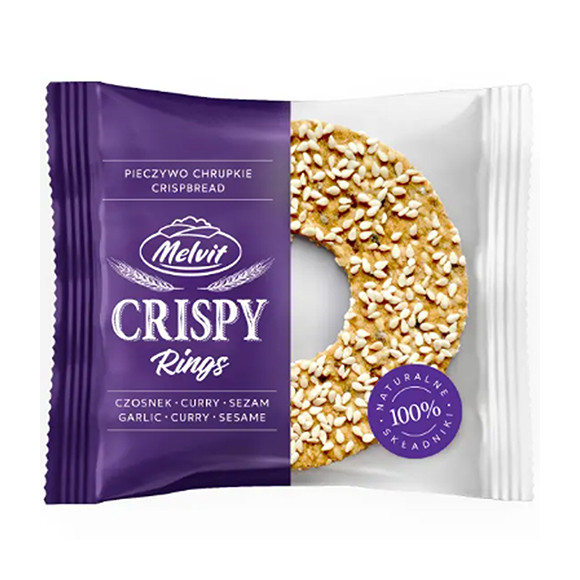 Melvit PIECZYWO CHRUPKIE PSZENNE CZOSNKOWE Crispy Rings 90g  KRÓTKA DATA