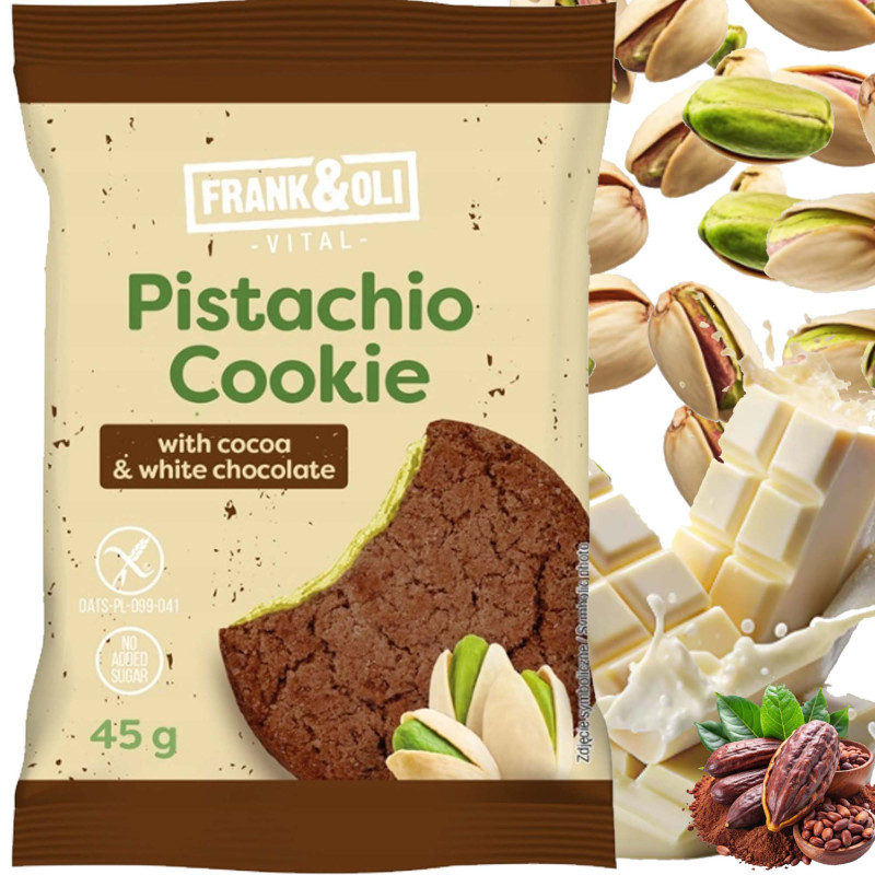 Frank&Oli CIASTKO PISTACJA BIAŁA CZEKOLADA KAKAO bez cukru 45g