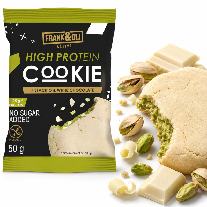 Frank&Oli CIASTK\ECZKO PROTEINOWE be glutenu PISTACJA BIAŁA CZEKOLADA 50g