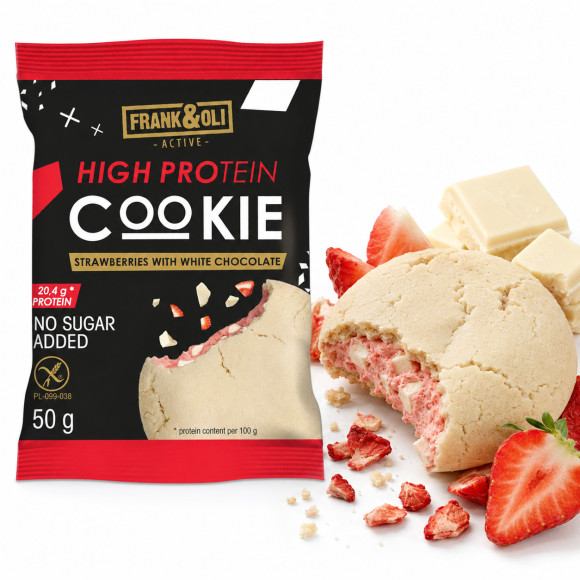 Frank&Oli Proteinowe Ciastko Bezglutenowe TRUSKAWKA BIAŁA CZEKOLADA 50g