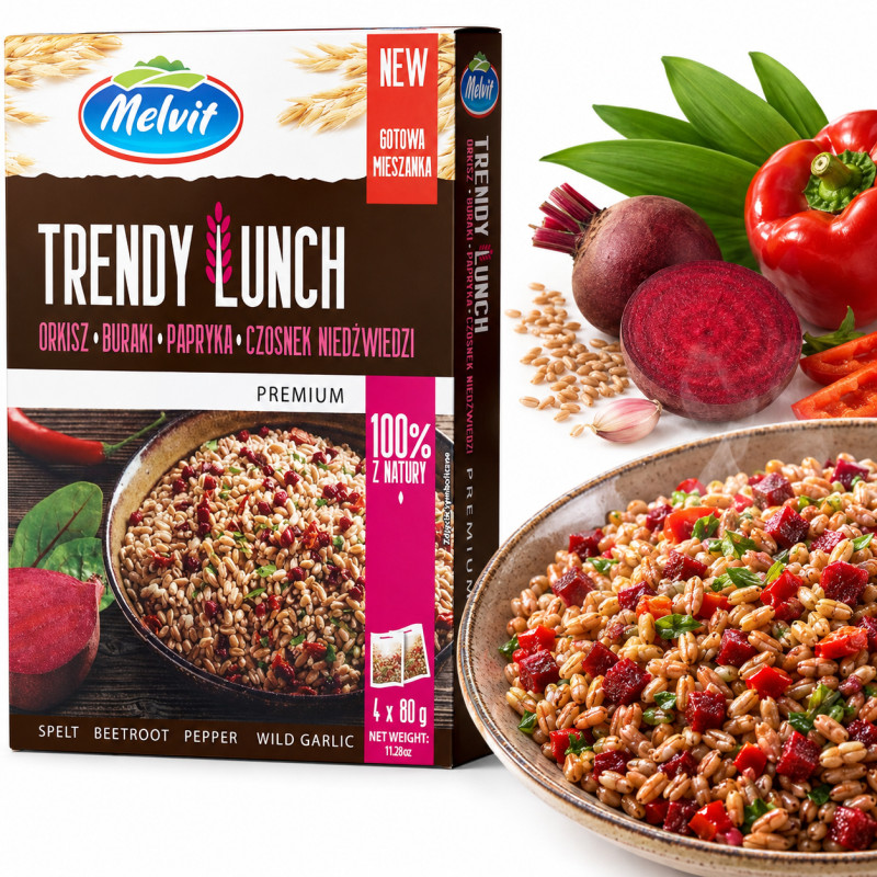 Melvit TRENDY LUNCH ORKISZ BURAK PAPRYKA CZOSNEK NIEDŹWIEDZI mieszanka 320g / różowa