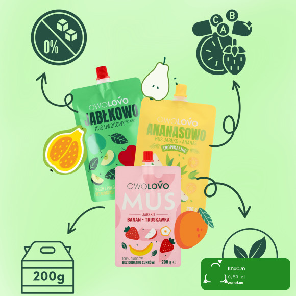 Owolovo NA RÓŻOWO MUS OWOCOWY jabłko Truskawka Malina 200g LIMITOWANA SERIA