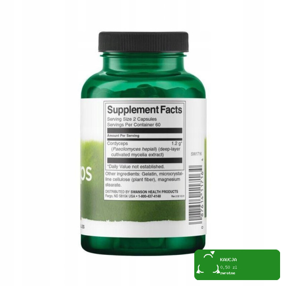 Swanson CORDYCEPS 600mg 120kaps wsparcie: ODPORNOŚĆ ENERGIA data 09.2026