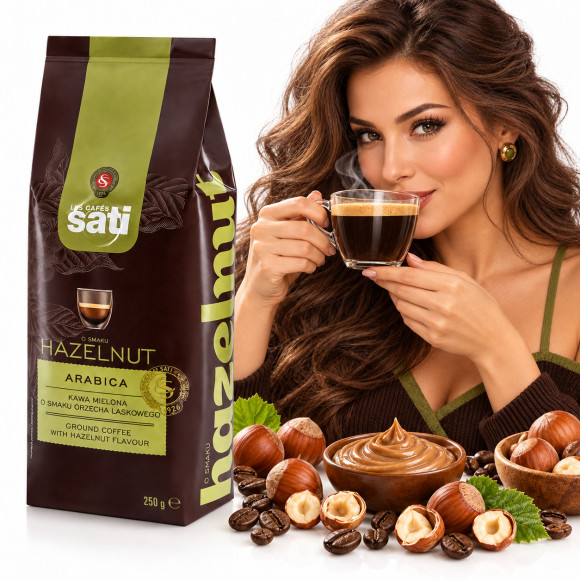 SATI HAZELNUT KAWA SMAKOWA ORZECHOWA ORZECH LASKOWY ARABICA 250g mielona