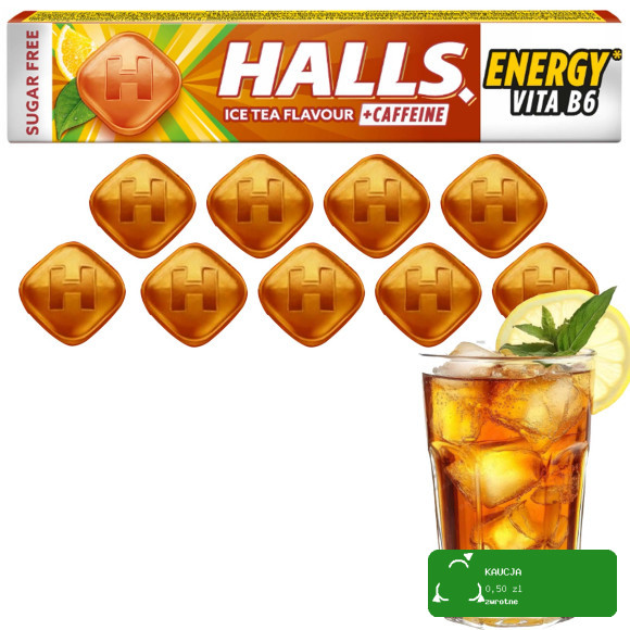 HALLS ENERGY cukierki w kofeiną i wit b6 smak ICE TEA BEZ CUKRU DROPS 32g