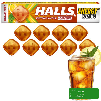 HALLS ENERGY cukierki w kofeiną i wit b6 smak ICE TEA BEZ CUKRU DROPS 32g