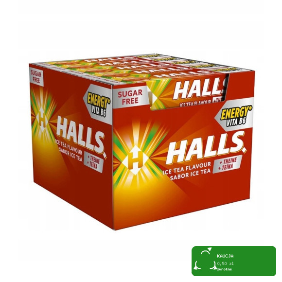 HALLS ENERGY cukierki w kofeiną i wit b6 smak ICE TEA BEZ CUKRU DROPS 32g