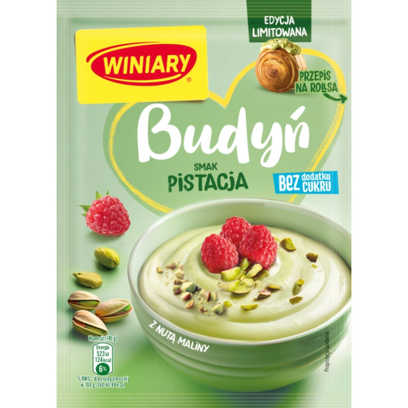 Winiary BUDYŃ BEZ CUKRU O SMAKU PISTACJI I NUTY MALINY Pistacja Malina 35g
