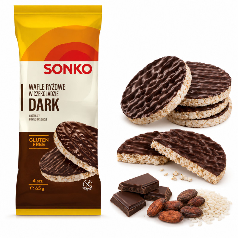 Sonko WAFLE RYŻOWE bezglutenowe W CZEKOLADZIE DESEROWEJ 4 sztuki / 65g
