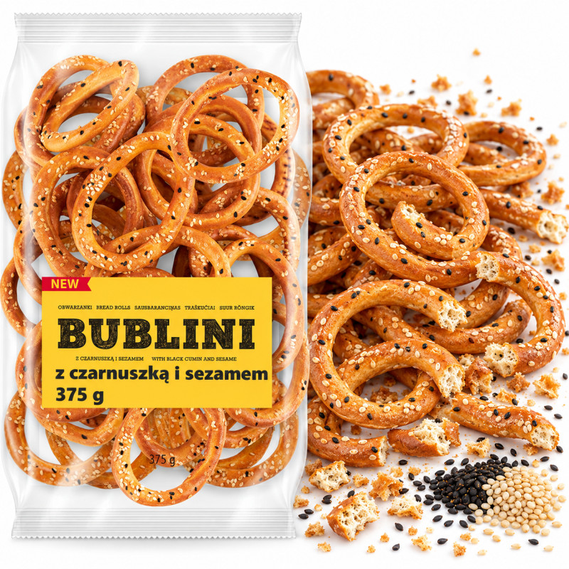 BUBLINI OBWARZANKI Z CZARNUSZKĄ I SEZAMEM 375G ręcznie robione KRÓTKA DATA
