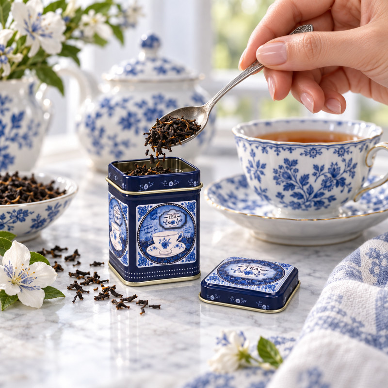 Kameleon KulinarnyPUSZKA METALOWA herbatę GRANATOWA PORCELANA TEA 25g