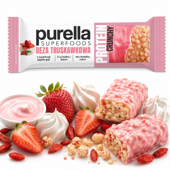 Purella Superfoods  BATON PROTEINOWY TRUSKAWKOWA BEZA 45g