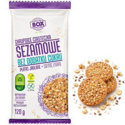 BOX WEGAŃSKIE CIASTECZKA SEZAMOWE BEZ CUKRU sienie lniane + płatki  120g