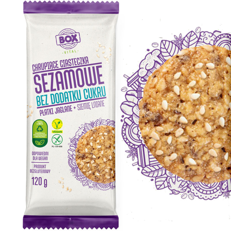 BOX WEGAŃSKIE CIASTECZKA SEZAMOWE BEZ CUKRU sienie lniane + płatki  120g