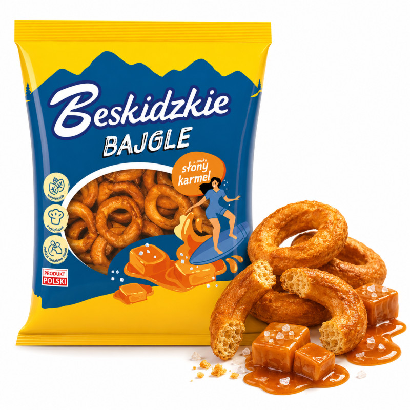 BESKIDZKIE BAJGLE smak SŁONY KARMEL 200g wegan.chrupiące Aksam