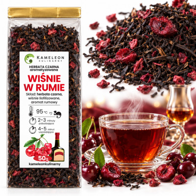 KAMELEON Kulinarny herbata czarna aromatyzowana WIŚNIE W RUMIE 50g pyszna!