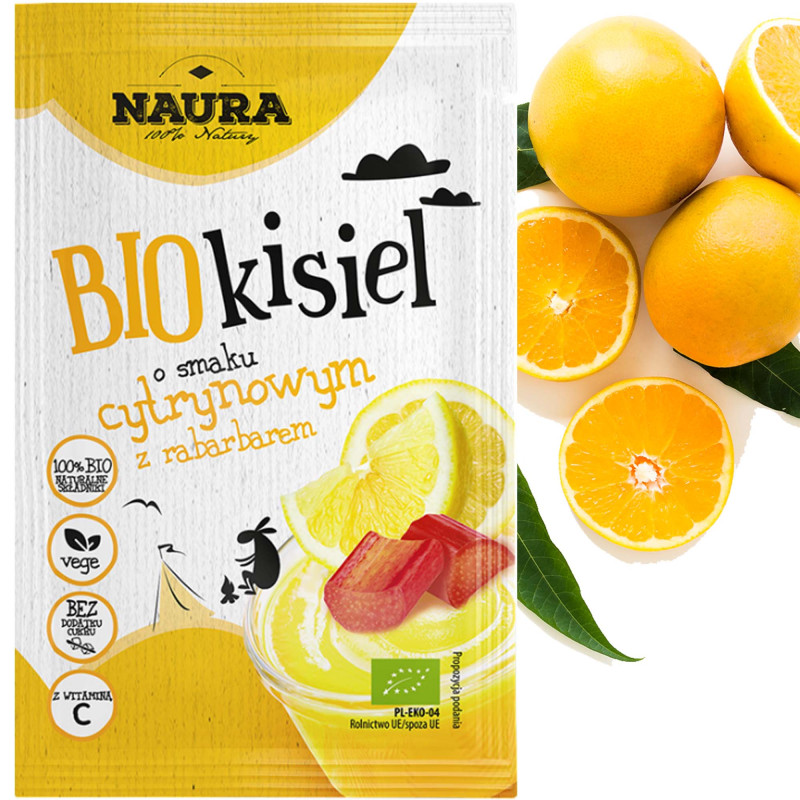 Naura BIO kisiel O SMAKU CYTRYNOWYM Z RABARBAREM 38g bez dodatku cukru