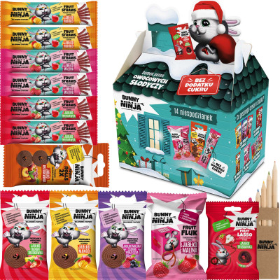 BUNNY NINJA ZESTAW 12x PRZEKĄSKA OWOCOWA + KREDKI KOLOROWANKA 206g PREZENT