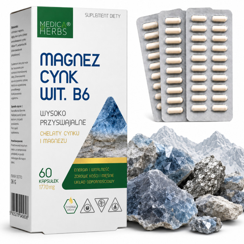 Medica Herbs MAGNEZ CYNK WITAMINA B6 wsparcie UKŁAD NERWOWY 857,1 mg 60kaps.
