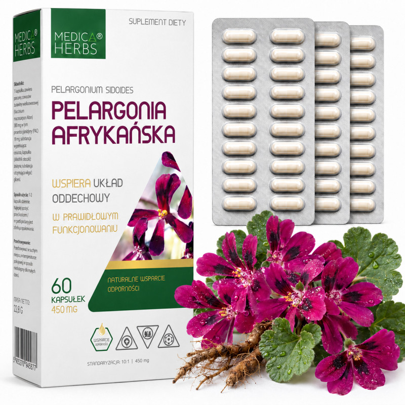 Medica Herbs PELARGONIA AFRYKAŃSKA wsparcie ODPORNOŚĆ 450mg 60kaps.