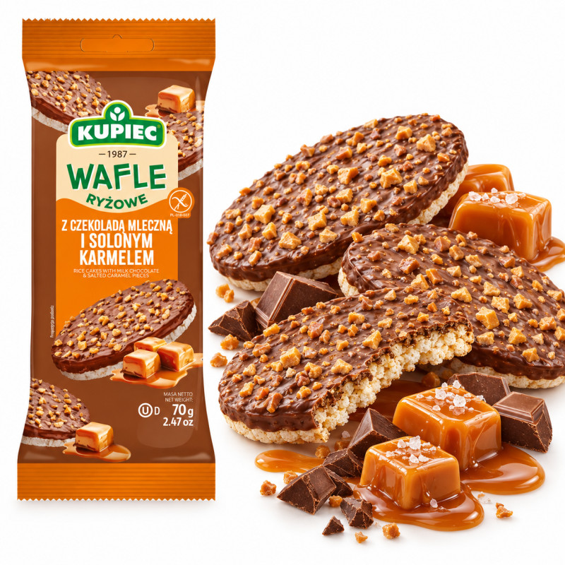 Kupiec WAFLE RYŻOWE bezglutenowe Z CZEKOLADĄ MLECZNĄ I SOLONYM KARMELEM 70G