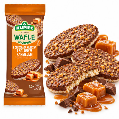 Kupiec WAFLE RYŻOWE bezglutenowe Z CZEKOLADĄ MLECZNĄ I SOLONYM KARMELEM 70G