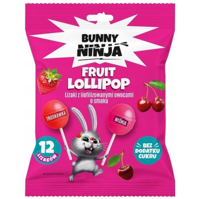 Bunny Ninja LIZAKI OWOCOWE fruit lollipop TRUSKAWKA WIŚNIA bez dodatku cukr