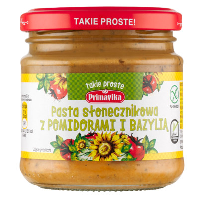 Primavika PASTA SŁONECZNIKOWA Z POMIDORAMI I BAZYLIĄ wegetariańska 160g