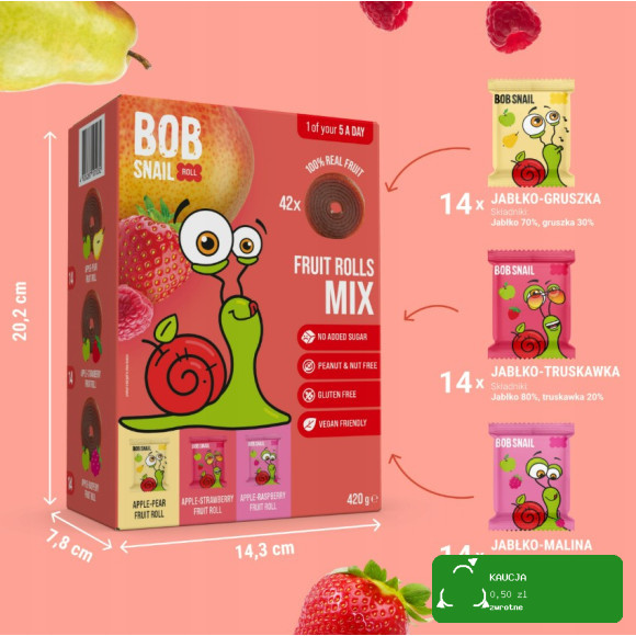 BOB SNAIL rollsy owocowe 420g zestaw 42szt MIX smaki BEZ CUKRU bezglutenu