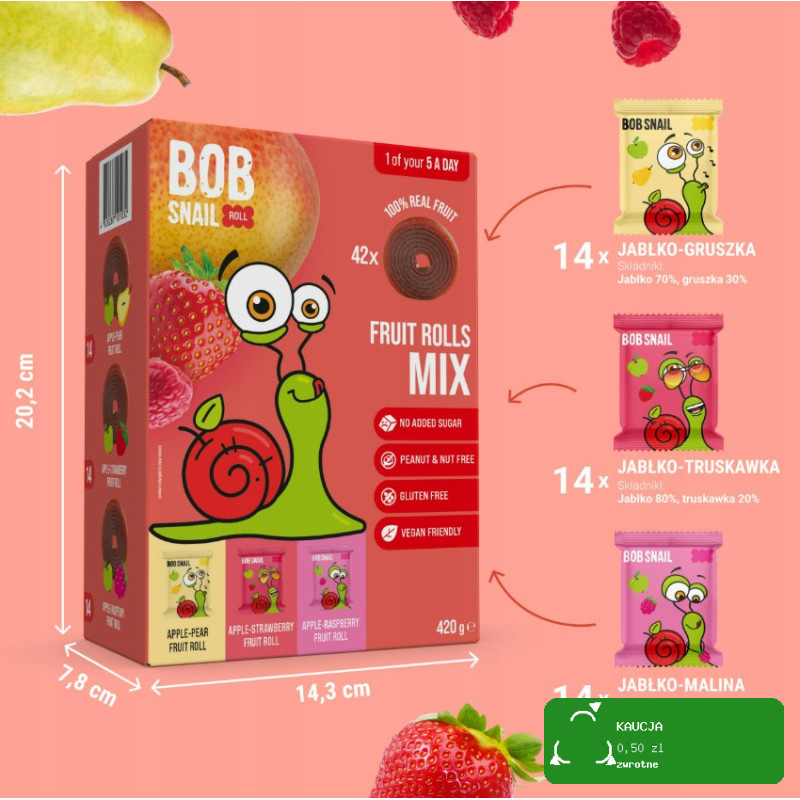 BOB SNAIL rollsy owocowe 420g zestaw 42szt MIX smaki BEZ CUKRU bezglutenu