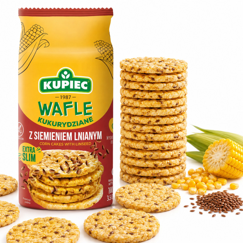 Kupiec WAFLE KUKURYDZIANE z SIEMIENIEM LNIANYM  SLIM 105g KRÓTKA DATA