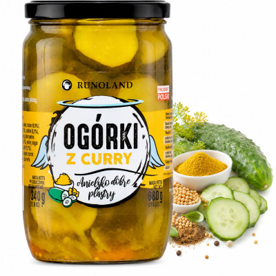 Runoland OGÓRKI z CURRY ANIELSKO DOBRE plastry do kanapek sałatek 680G