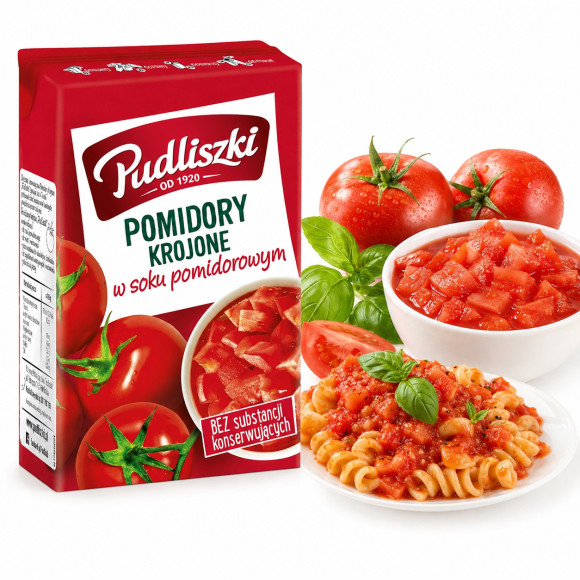 Pudliszki POMIDORY KROJONE w soku pomidorowym 390g karton