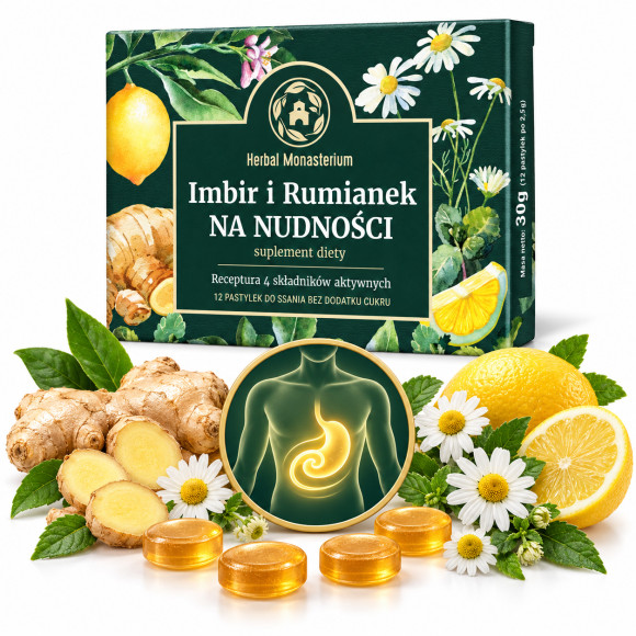 Herbal Monasterium IMBIR I RUMIANEK NA NUDNOŚCI 12 PASTYLEK DO SSANIA