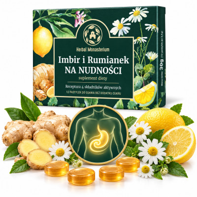 Herbal Monasterium IMBIR I RUMIANEK NA NUDNOŚCI 12 PASTYLEK DO SSANIA