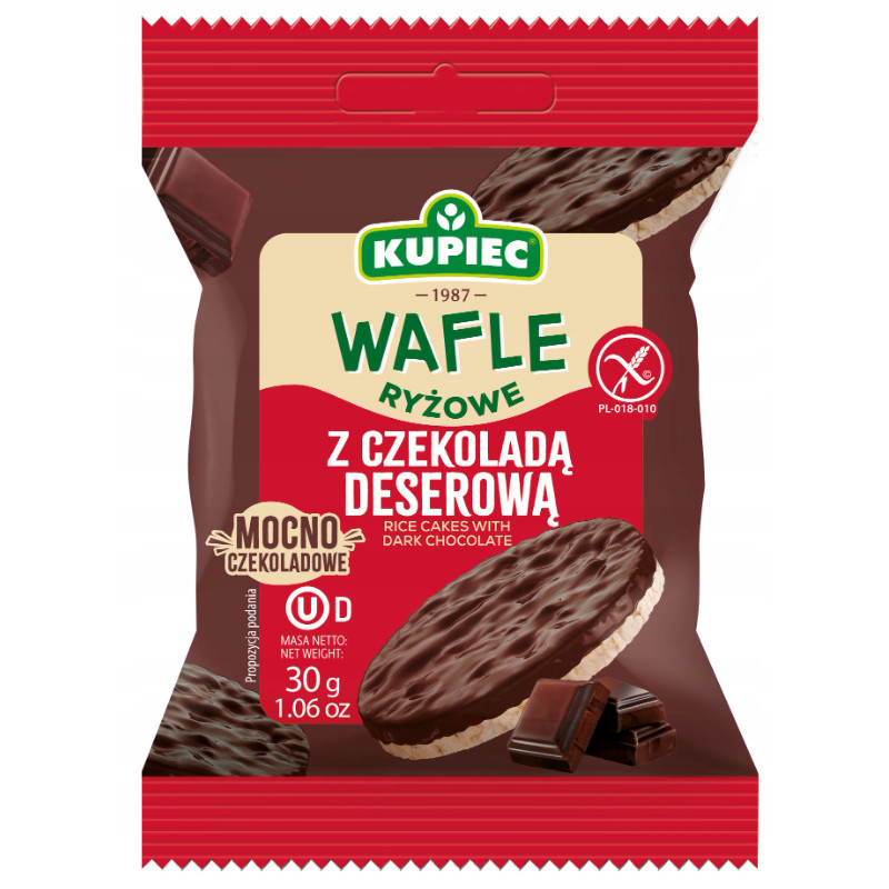 Kupiec WAFLE RYŻOWE bezglutenowe W CZEKOLADZIE DESEROWEJ 30g