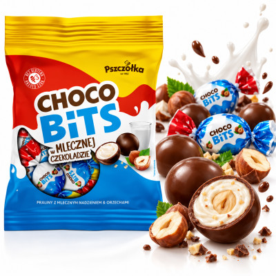 CUKIERKI CHOCO BITS praliny z mlecznym nadzieniem + orzechy 90g Pszczółka