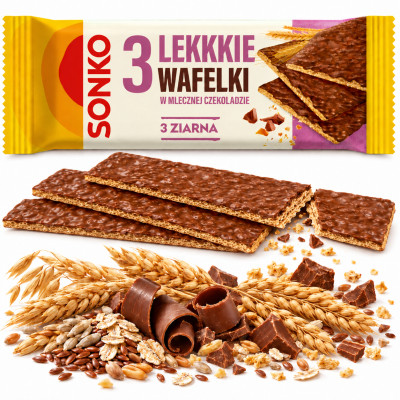 Sonko 3 ZIARNA lekkie wafelki W MLECZNEJ CZEKOLADZIE chrupiące 36g