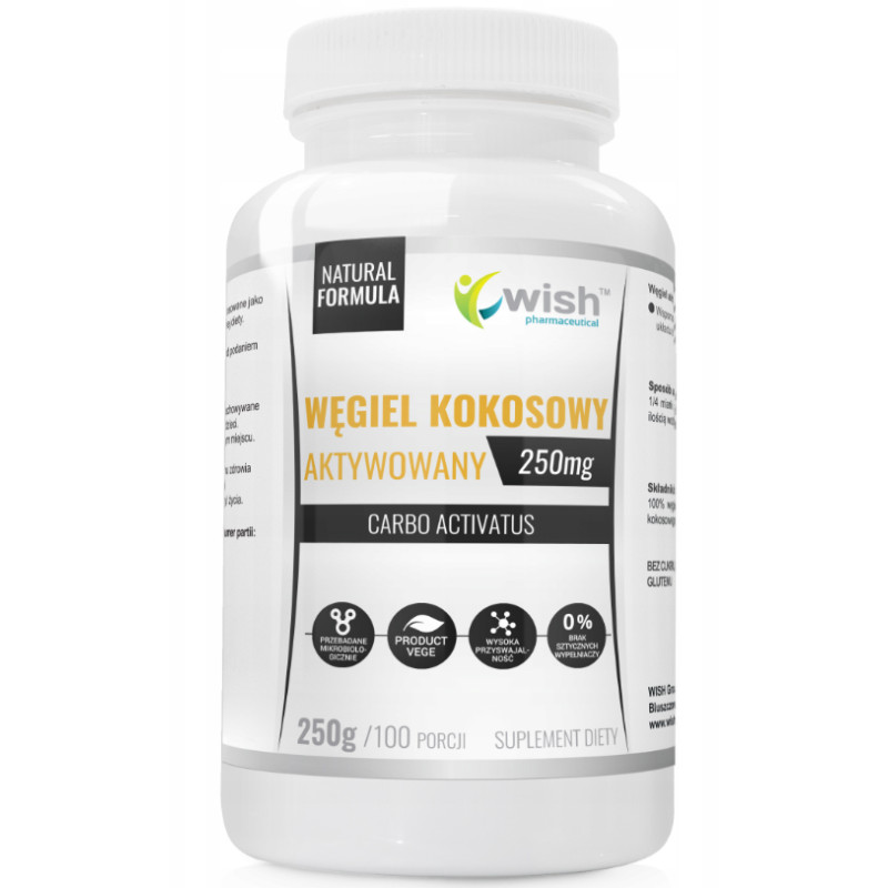 WISH Węgiel Kokosowy AKTYWOWANY 250g 100 porcji wsparcie: problem z gazami