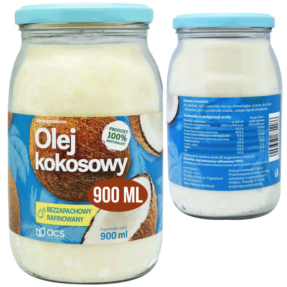 ACS OLEJ KOKOSOWY RAFINOWANY bezzapachowy 900ML duży słoik