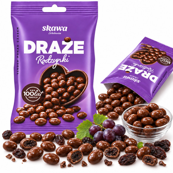 Skawa DRAŻE RODZYNKI 60g rodzynki w czekoladzie w polewie kakaowej