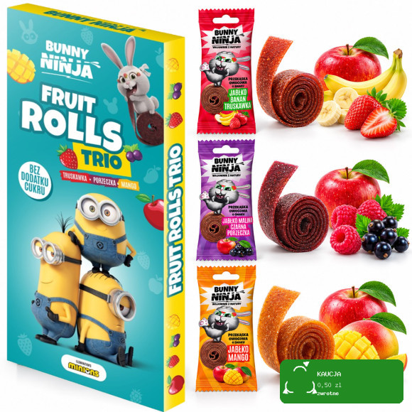 Bunny Ninja FRUIT ROLLS MINIONKI 45g TRUSKAWKA MALINA PORZECZKA zestaw 3szt