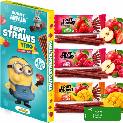 Bunny Ninja FRUIT STRAWS MINIONKI 48g MALINA TRUSKAWKA MANGO mix3 przekąsek