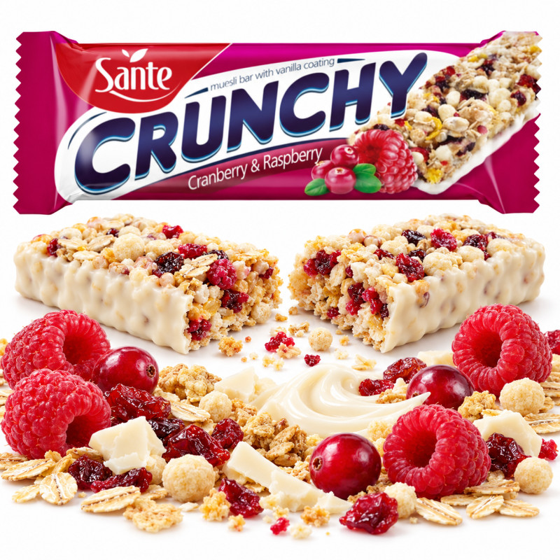 Sante BATON CRUNCHY ŻURAWINA - MALINA W POLEWIE WANILIOWEJ 40G